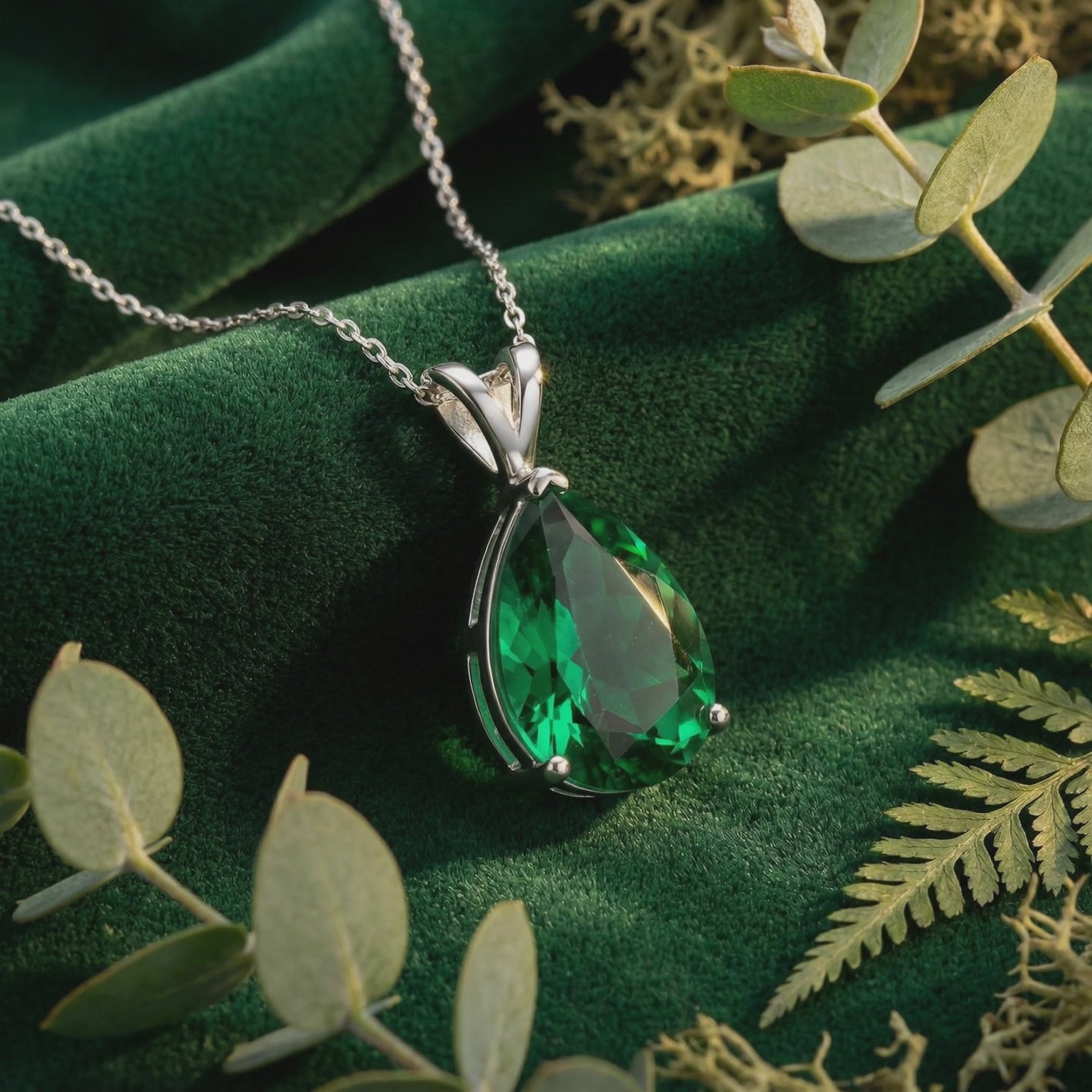 Video of a solid gold necklace with a pear-cut green moissanite pendant.