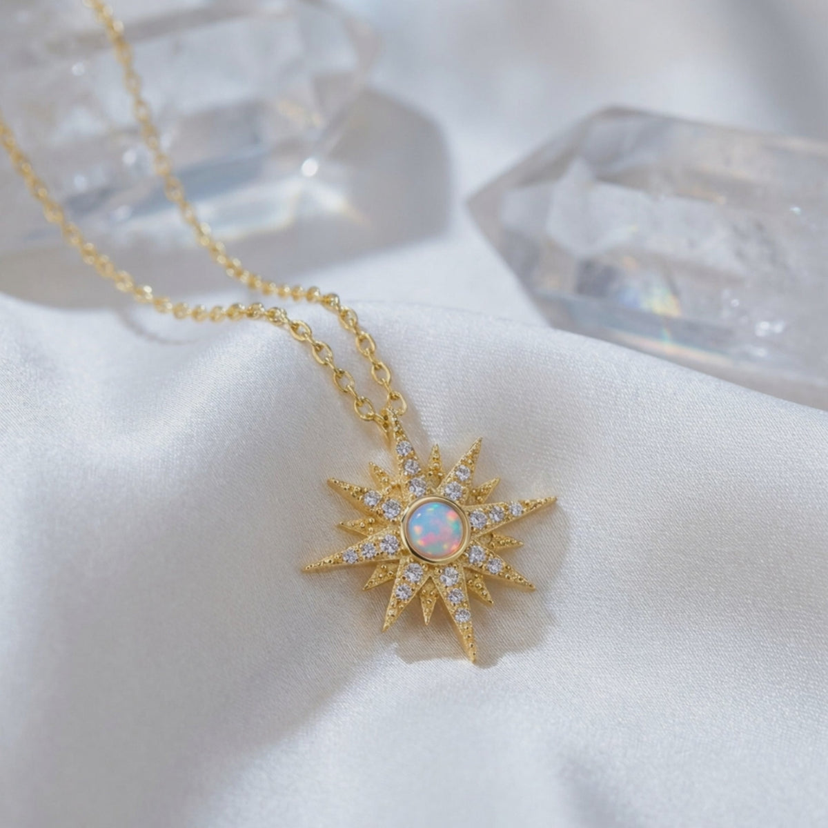 Solid gold Astralia necklace with natural white opal pendant.