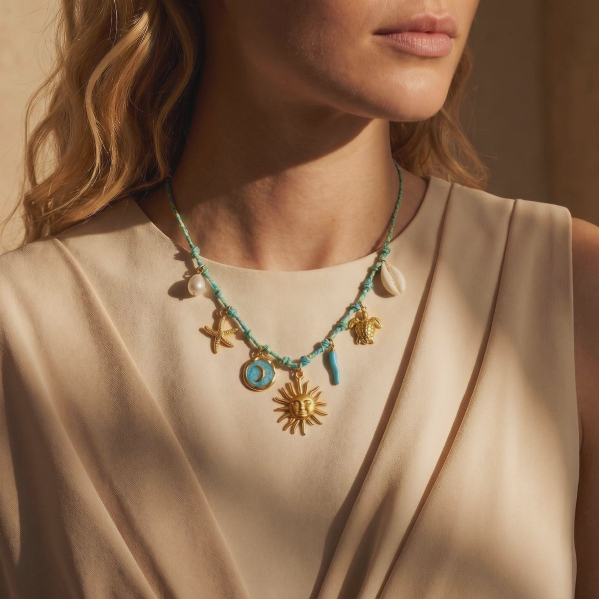 Woman wearing a turquoise woven necklace with gold sun, moon, starfish, turtle, and shell charms.