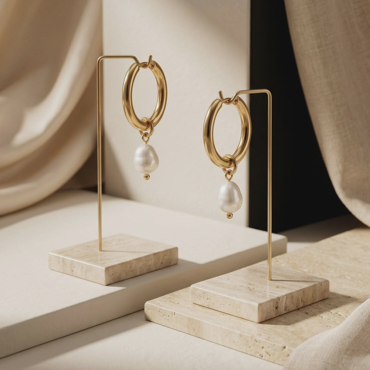 Pair of gold-tone hoop earrings with white pearl charms on display stands with square beige bases.