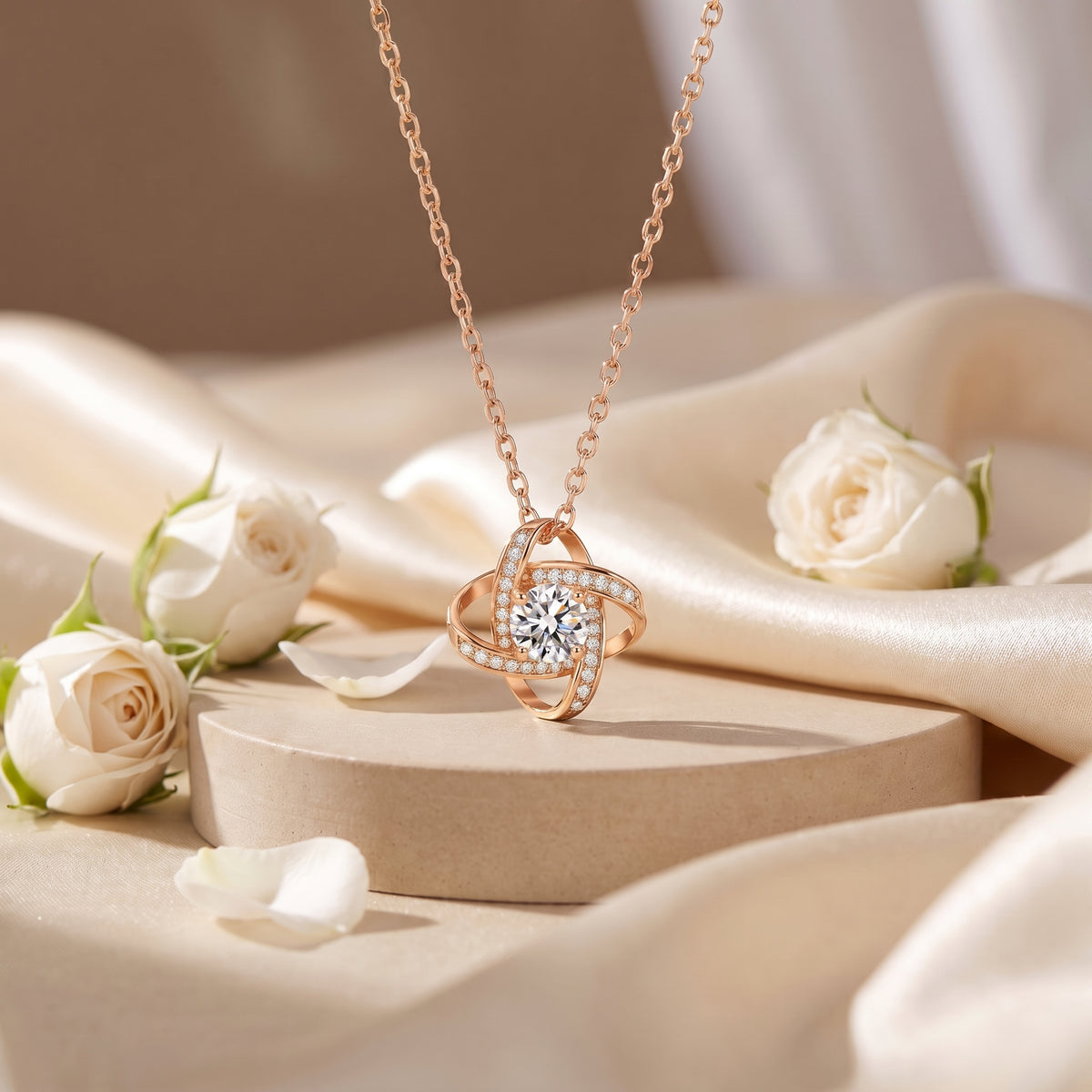 Rose gold interlocking knot moissanite necklace.