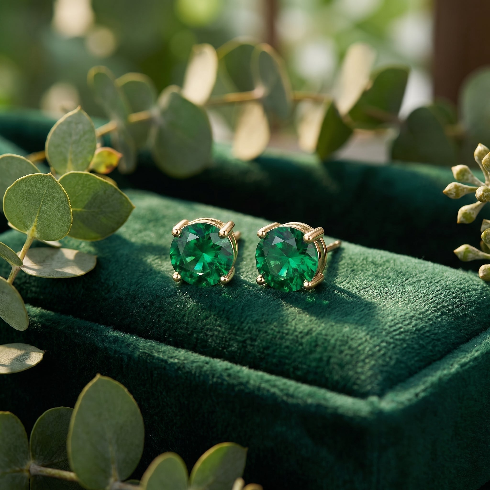The Evadne Studs, simulated emerald earrings in solid yellow gold.