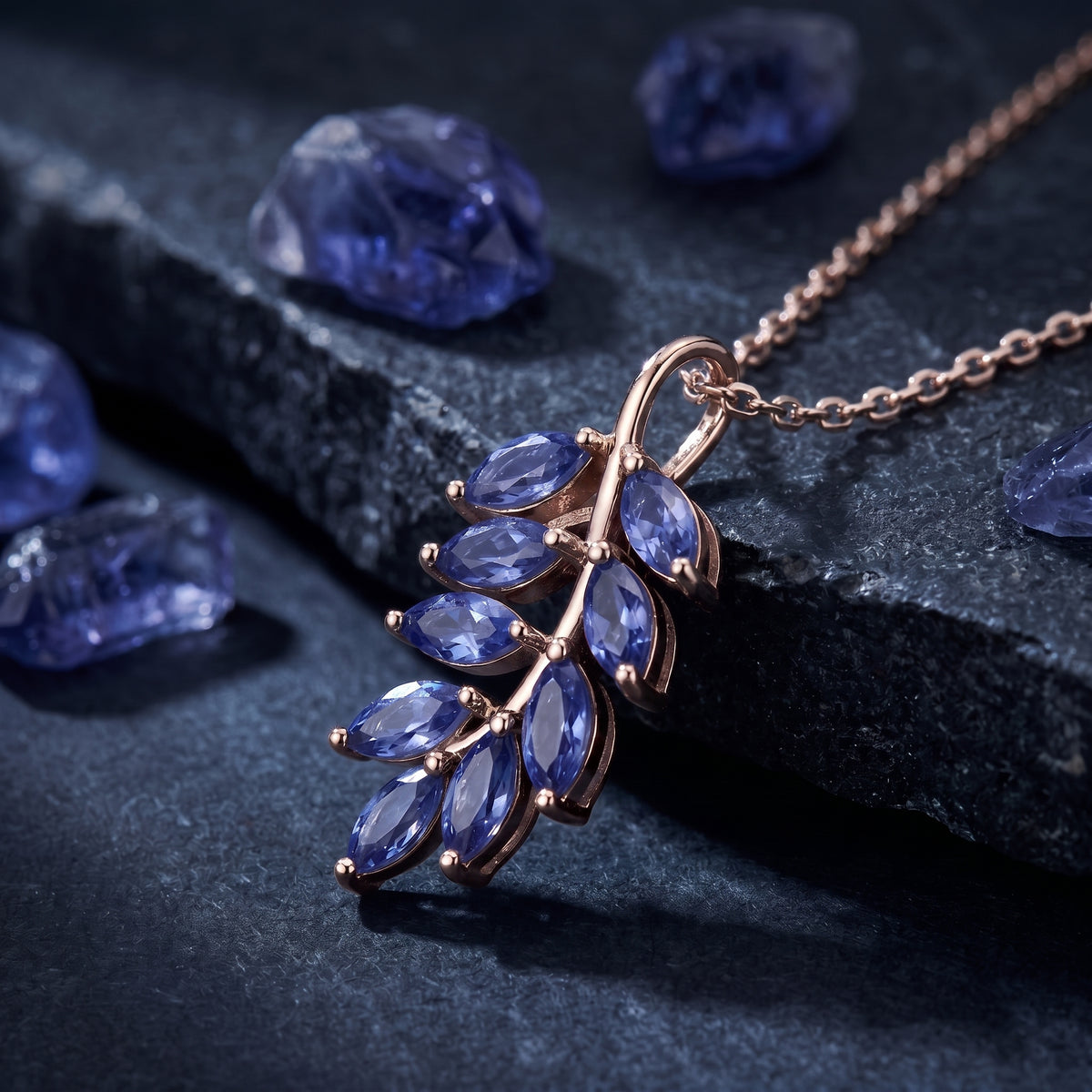 the-laurelia-tanzanite-necklace in rose gold finish