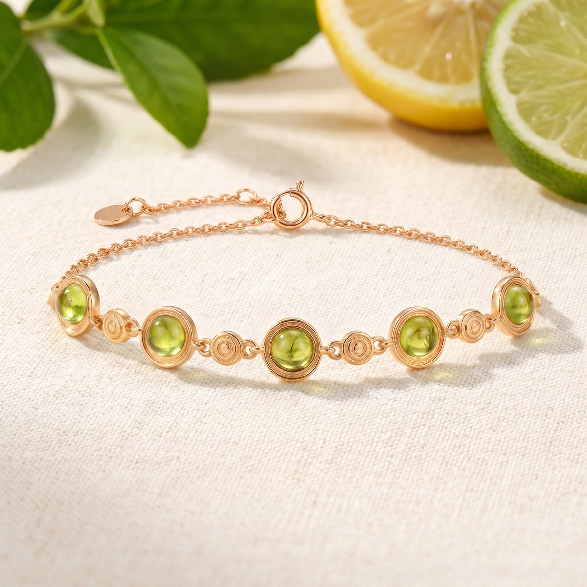 Solid rose gold simulated peridot station bracelet.