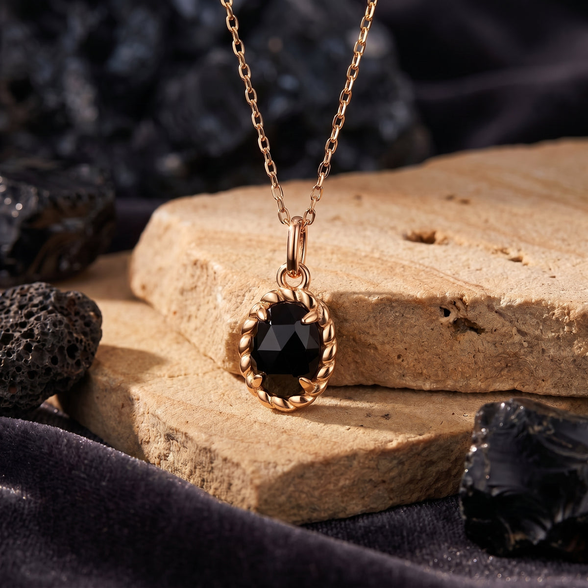 the-raven-onyx-necklace in rose gold finish