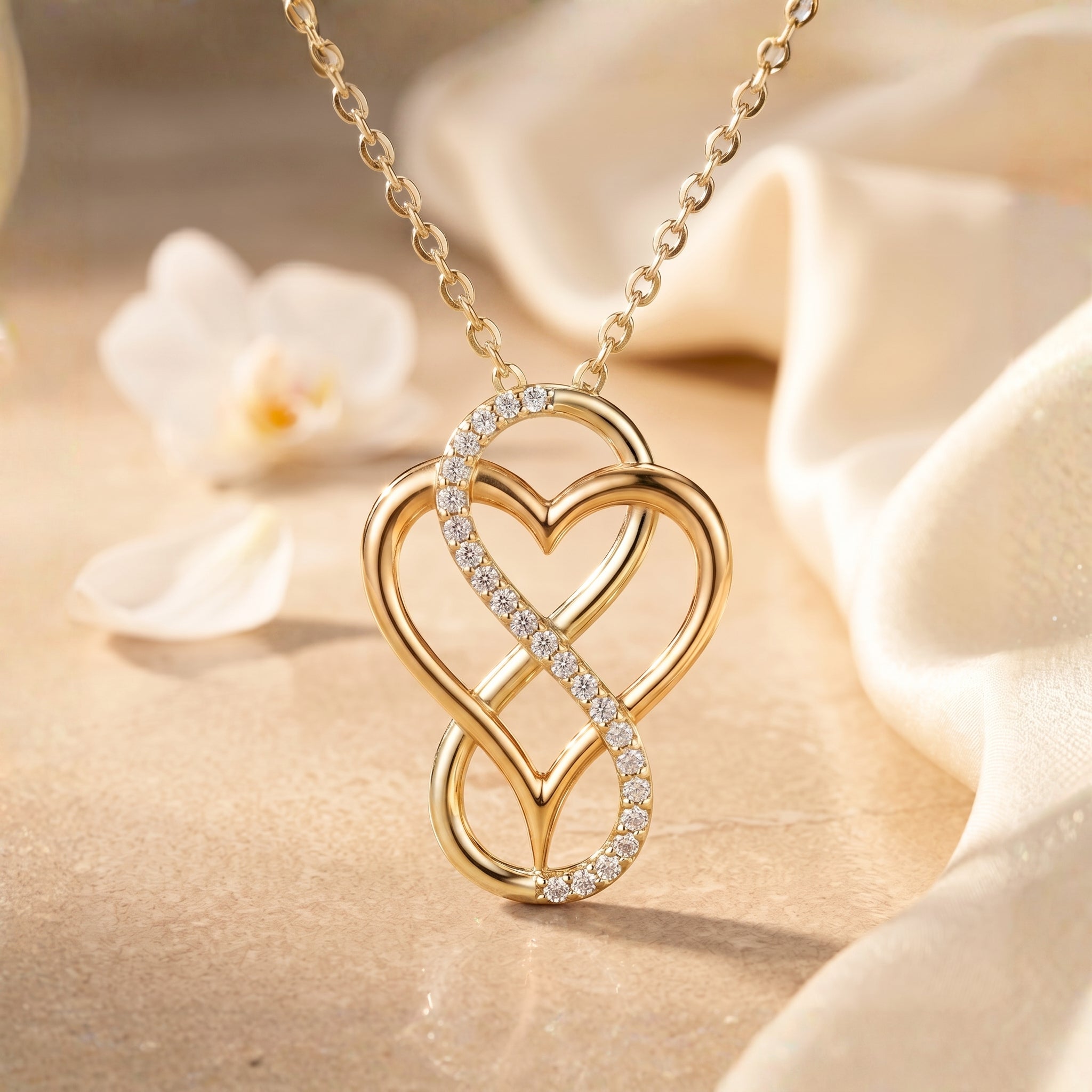 The Rosaleen Moissanite Necklace in solid gold.