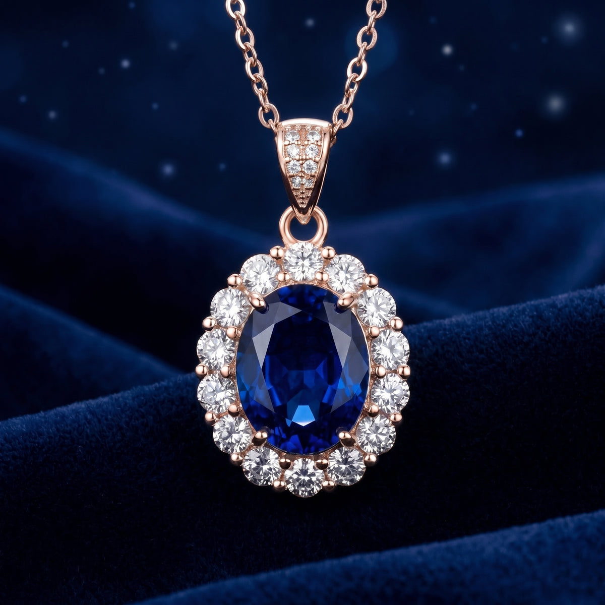 Serenara Halo simulated sapphire necklace in solid rose gold.